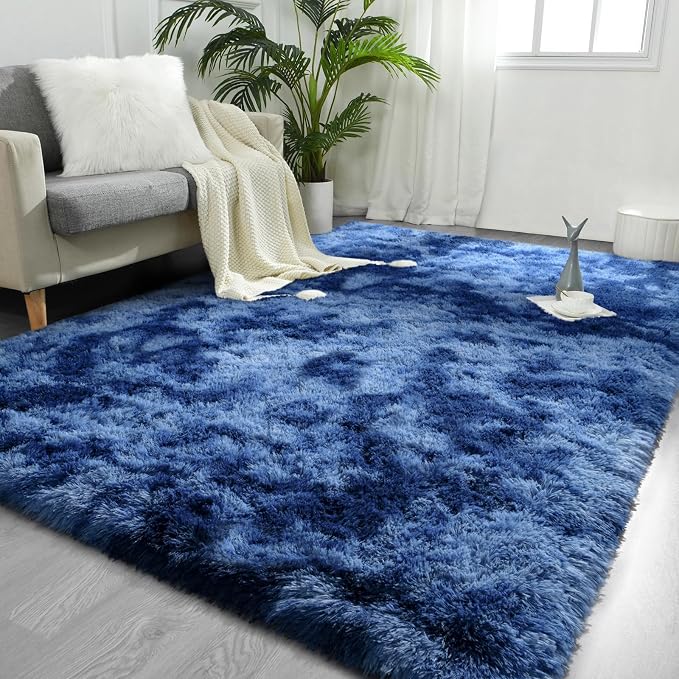 FlyDOIT Large Area Rugs for Living Room, 5x8 Feet Tie-Dyed Navy Blue Shaggy Rug by FlyDOIT