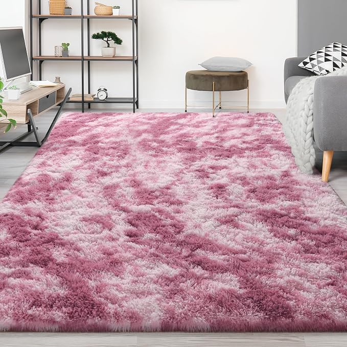 FlyDOIT Large Area Rugs for Living Room, 4x6 Feet Tie-Dyed Blush Shaggy Rug - Image 9