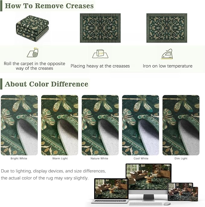 DCX 5x7 Washable Insect Rug, Vintage Gothic Dark Green Rug - Image 8
