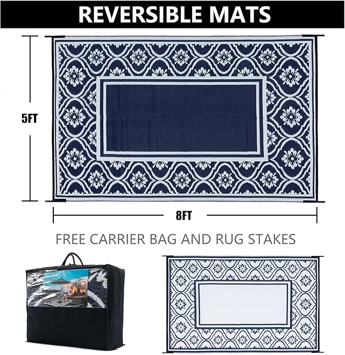 HUGEAR Outdoor Patio Rug 5'x8' Waterproof Outside Area Rugs Blue Reversible - Image 2