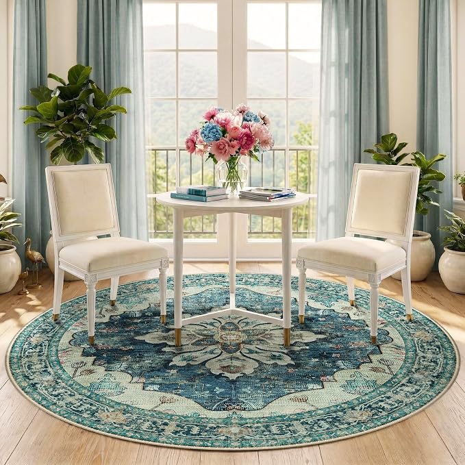RELEANY Area Rugs Round 5ft Washable Non-Slip, Floral Vintage Distress - Image 2