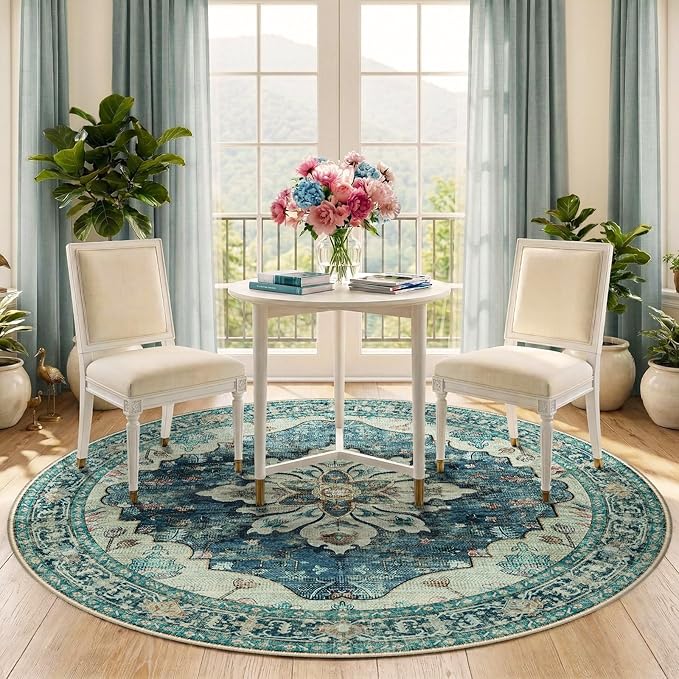 RELEANY Area Rugs Round 6ft Washable Non-Slip, Floral Vintage Distress - Image 2