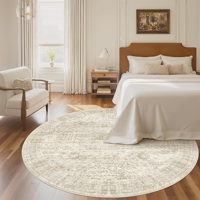 Soalmost 5x5 Beige Round Rug 5ft Living Room Circle Rug Vintage Round Area Rug - Image 3