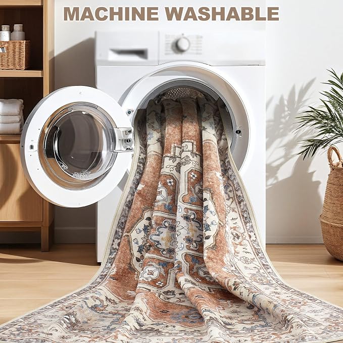 6x9 Washable Area Rug: Vintage Neutral Soft Non Slip Thin Large Floor Carpet - Image 4
