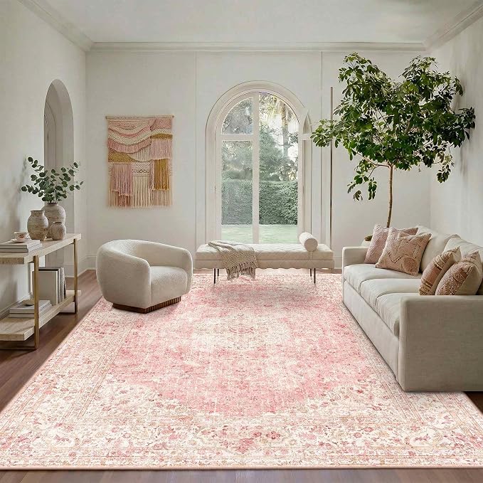 Latte&Fog Pink Area Rugs 8x10, Vintage Cute Large Washeble Rugs - Image 5
