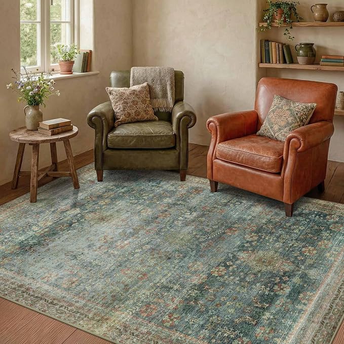 Latte&Fog 4x6 Rug for Living Room, Vintage Green Washable Area Rug, Boho Floral - Image 3
