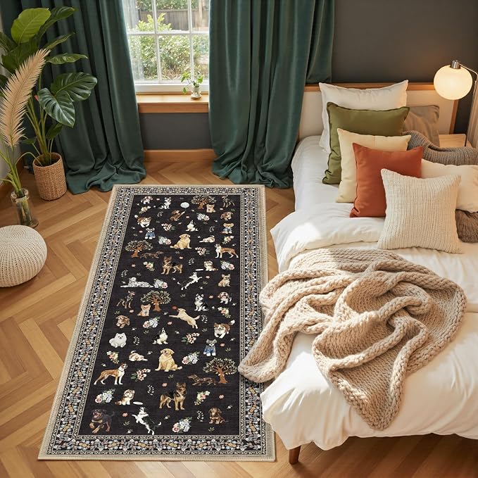 Black Floral Dog Rug Runner, 2x5 Washable Kitchen Mat Ultra-Thin Soft, Non-Slip - Image 2