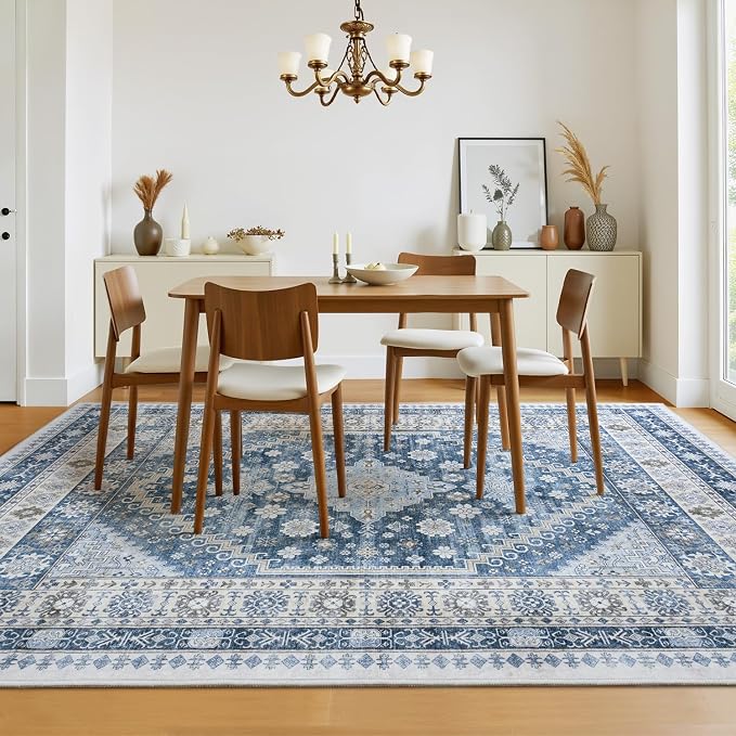 5x7 Blue Area Rugs, Washable Living Room Rug, Vintage Boho Carpet, Non Slip & - Image 6