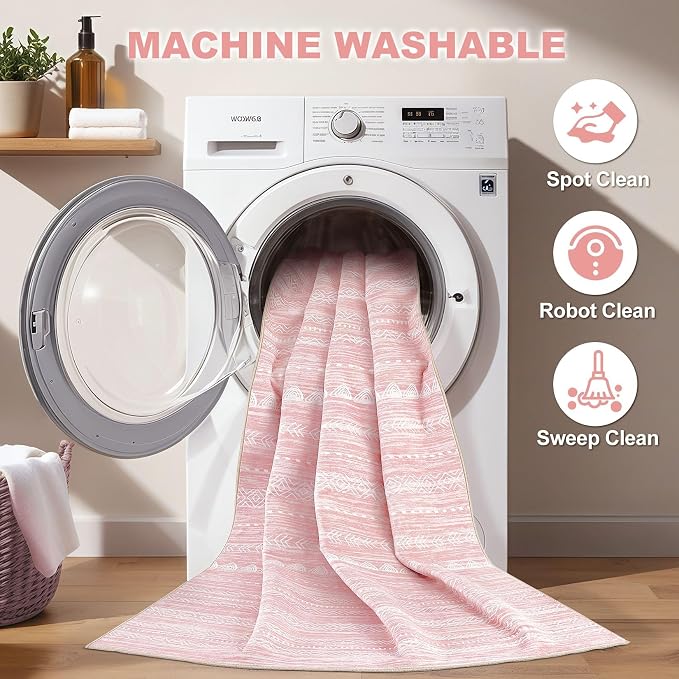 Nakagishi Pink Rugs for Bedroom Girls: 8x10 Washable Boho Large Neutral Cute - Image 2