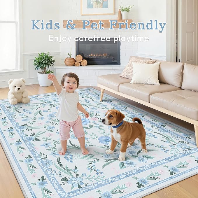 Blue and Green Rug Floral 4x6 for Girls Bedroom, Washable Non-Slip Boho Area Rug - Image 2