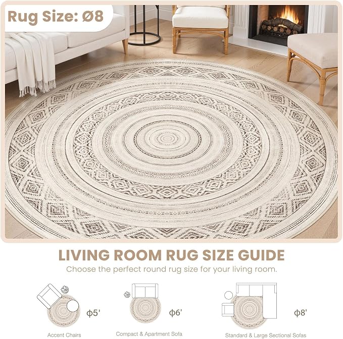 cotiled 8x8 Round Area Rugs Living Room Rug: Washable Boho Rugs - Image 8