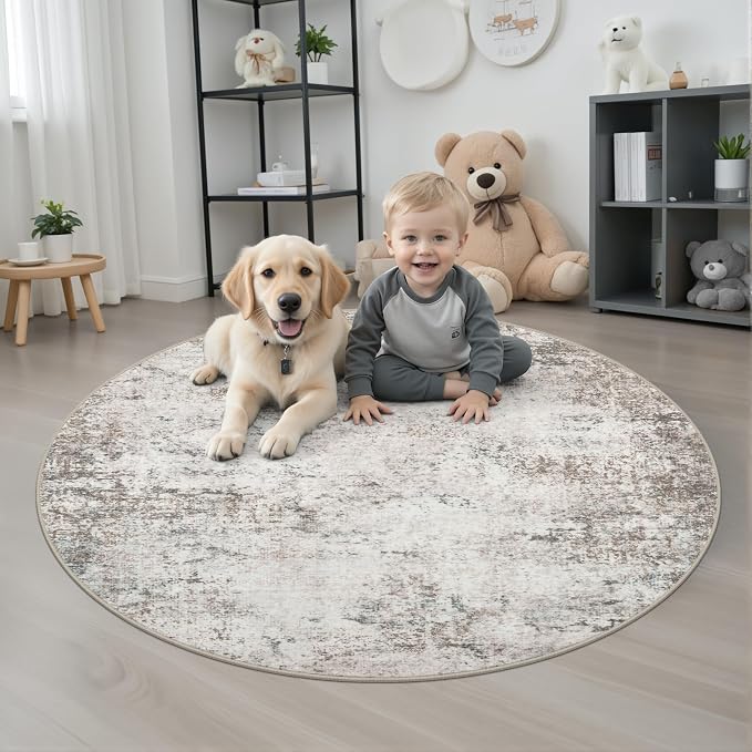 Round Area Rug for Living Room: 4 ft Washable Modern Abstract Soft Thin Rug - Image 2