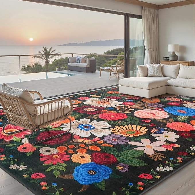 Espresso Area Rugs 10x14 for Living Room, Non Slip Machine Washable Floral Rugs - Image 2