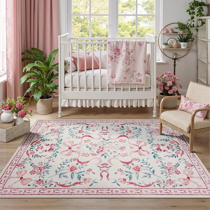 DCX Washable 6x9 Bow Rug, Cute Soft Low Pile Indoor Décor Carpet, Kid & Pet by DCXWashableRug