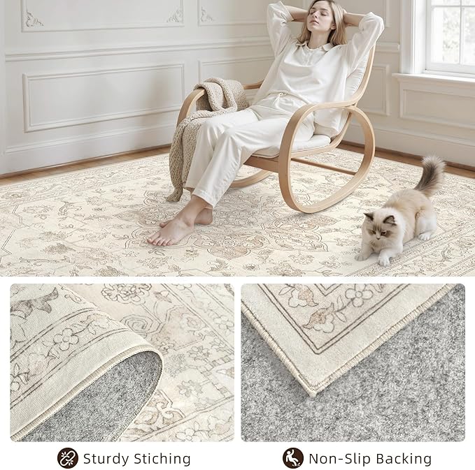 4x6 Area Rugs for Living Room: Vintage Boho Neutral Washable Rug Indoor Soft - Image 4