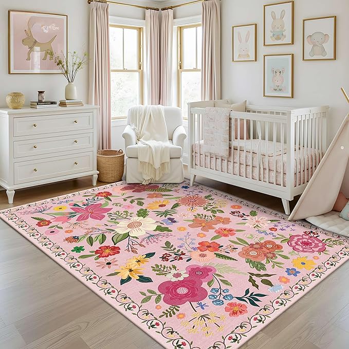 Latte&Fog Floral Area Rugs, Living Room, Cute Nursery Dorm, Non Slip Low Pile - Image 3