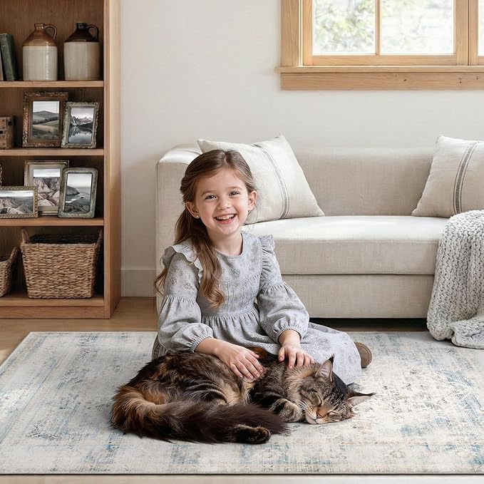DCX 5x7 Haze Blue Rug, Machine Washable Stain Resistant Distressed Vintage Rug - Image 4