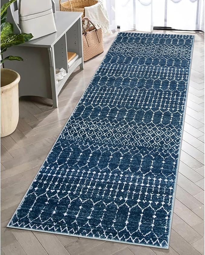 Lahome Moroccan 2x5 Washable Blue Runner Rug, Non-Slip Low-Pile Stain Resistant - Image 7