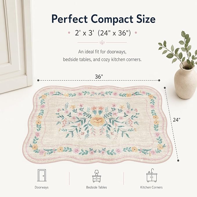 Scalloped Door Mat 2x3 Small Pink Floral Washable Entryway Rug | Soft Low Pile - Image 2