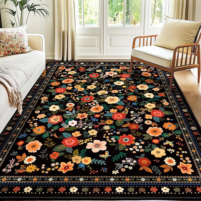 5x7 Area Rugs for Living Room Vacuum-Friendly Machine Washable Area Rug Flower by meejou