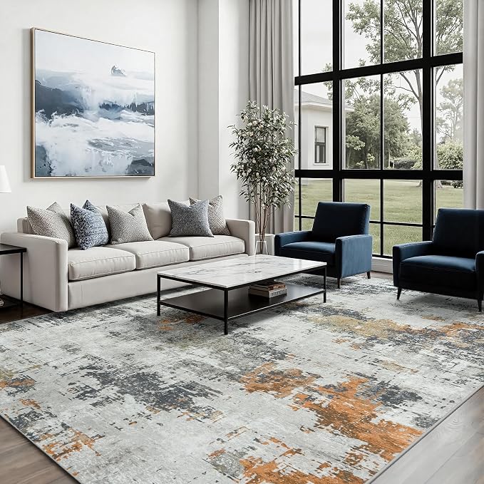 Area Rug 5x7 Living Room Rug Washable: No-Slip Abstract Soft Thin Large Grey - Image 4