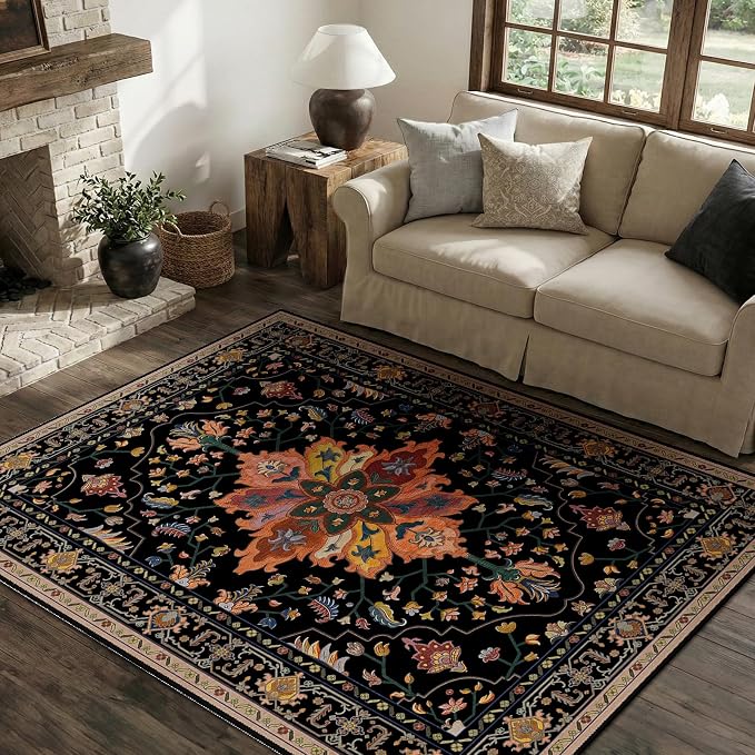 RELEANY Area Rugs 4'x6' Washable Non-Slip, Floral Vintage Distress Medallion by RELEANY