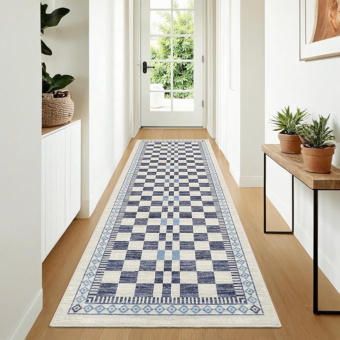 GarveeHome 2x8 Runner Rug for Kitchen Bathroom Modern Blue Checkered Long Rug - Image 7