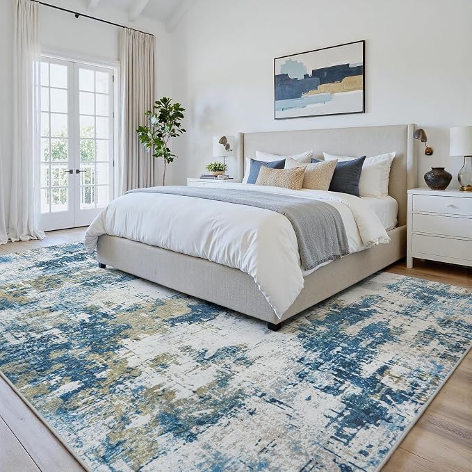4x6 Area Rugs for Living Room Washable: Abstract Soft Thin Low Pile Blue Rug - Image 4