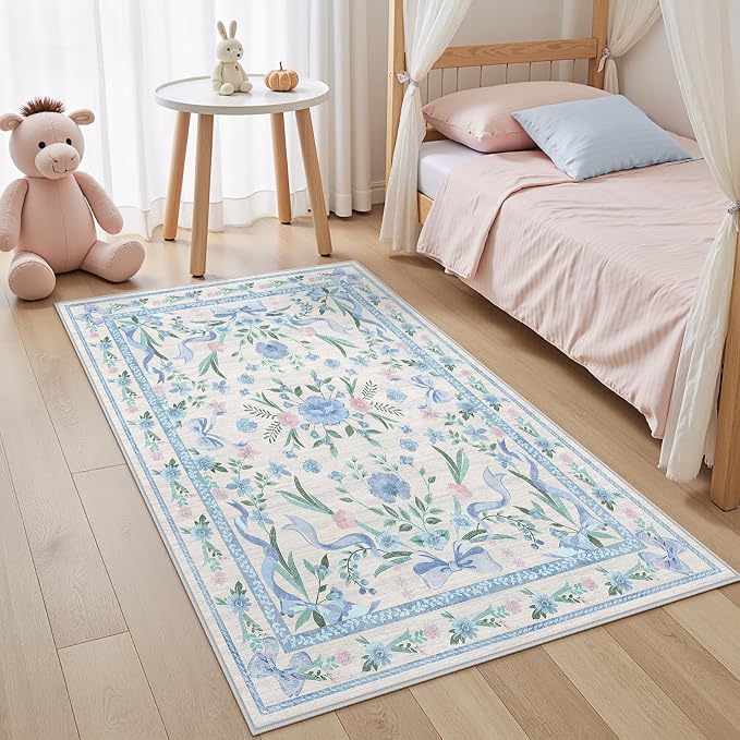 Blue Floral Rug 3x5 for Girls Bedroom or Nursery, Cute Bow Washable Area Rug - Image 3