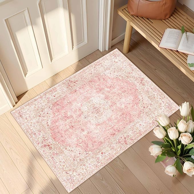 Latte&Fog Entryway Pink Rug, Vintage Floral 2x3 Washable Area Rugs by LatteFog