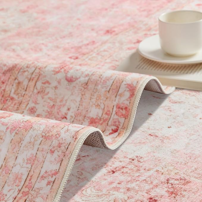 Latte&Fog Washable Pink Rug, Vintage 5x7 Area Rugs - Image 7