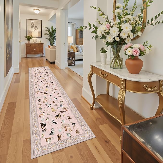 Floral Dog Runner Rug Pink Carpet Non-Slip, 2x10 Washable Rug Ultra-Thin Soft - Image 3