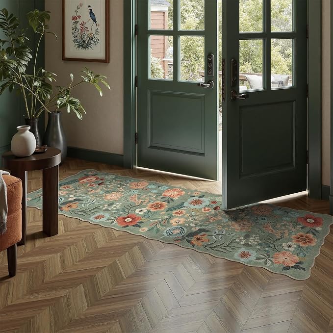 DCX Vintage Floral Rug 2x6, Washable Sage Green Rug - Image 2