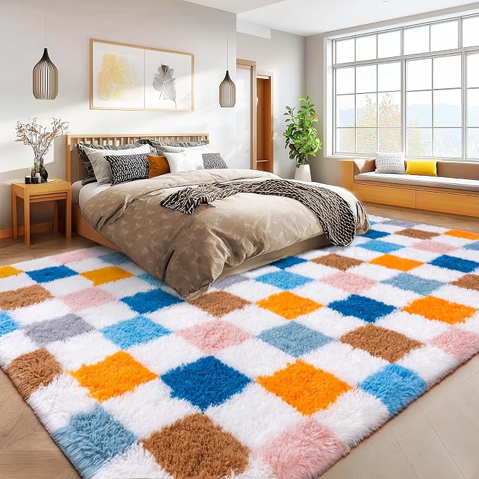 Checkered 8x10 Area Rugs for Living Room, Ultra Soft Fluffy Large Shaggy Rug - Image 7