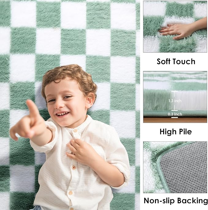 KICMOR Fluffy Sage Green and White Rugs Living Room Carpet, 5x7 Large Fuzzy - Image 2