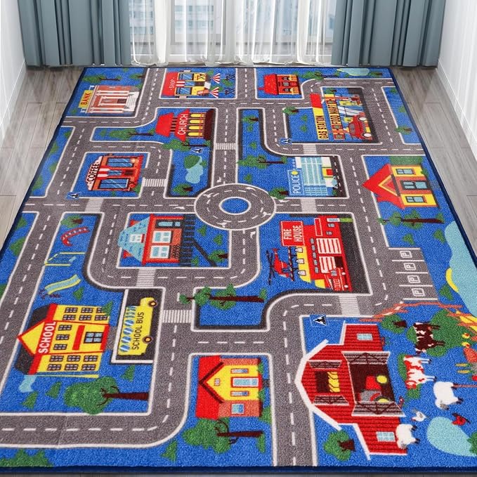 Kids Carpet Playmat Rug 78.7"x59", Car Rug by AKASISRUG