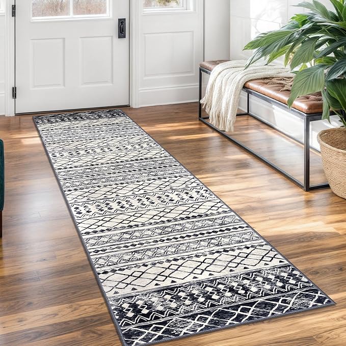 KUTA Moroccan Washable Kitchen Rug, 2x7 Non-Slip Vintage Black Navy Blue Boho by KUTA