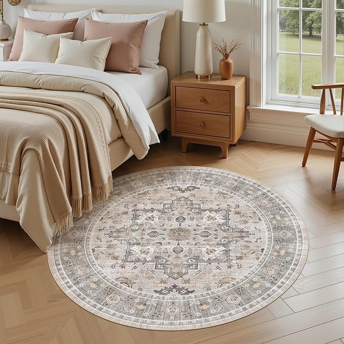 6ft Round Area Rug: Washable Vintage Neutral Soft Non Slip Thin Large Floor - Image 2