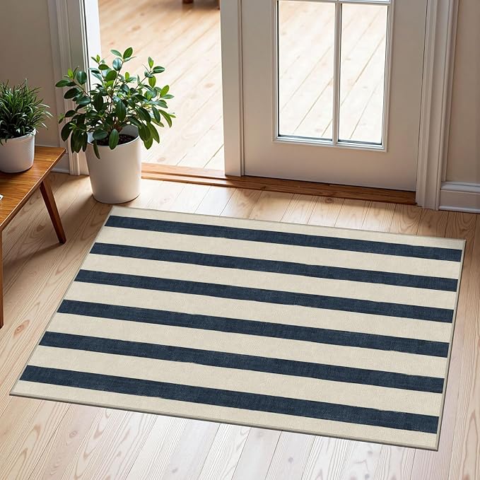 Blue and White Striped Outdoor Rug by Othilic