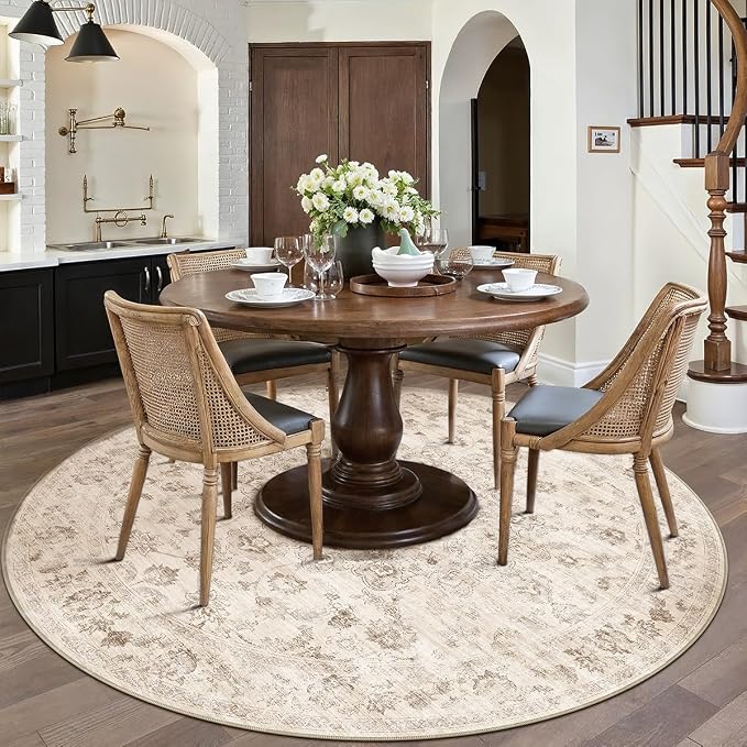 5x5 Washable Neutral Round Rug Beige Vintage Entryway Kitchen Cirlce Rug - Image 3