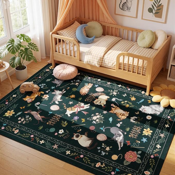 Unirea 4x6 Black Cat Area Rug for Bedroom, Living Room, Medium Washable Kids Rug - Image 3