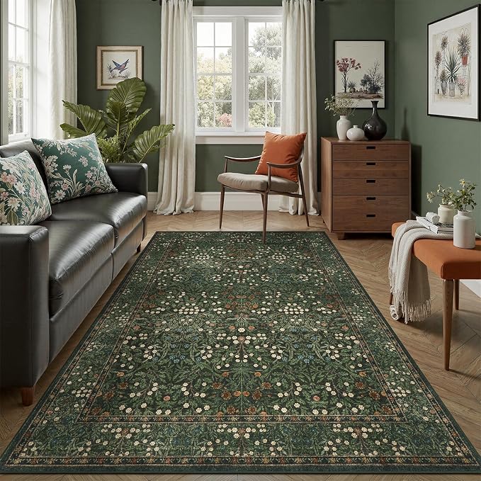 DCX Green 5x7 Area Rug, Machine Washable Non Slip Stain Resistant Soft Vintage by DCXWashableRug