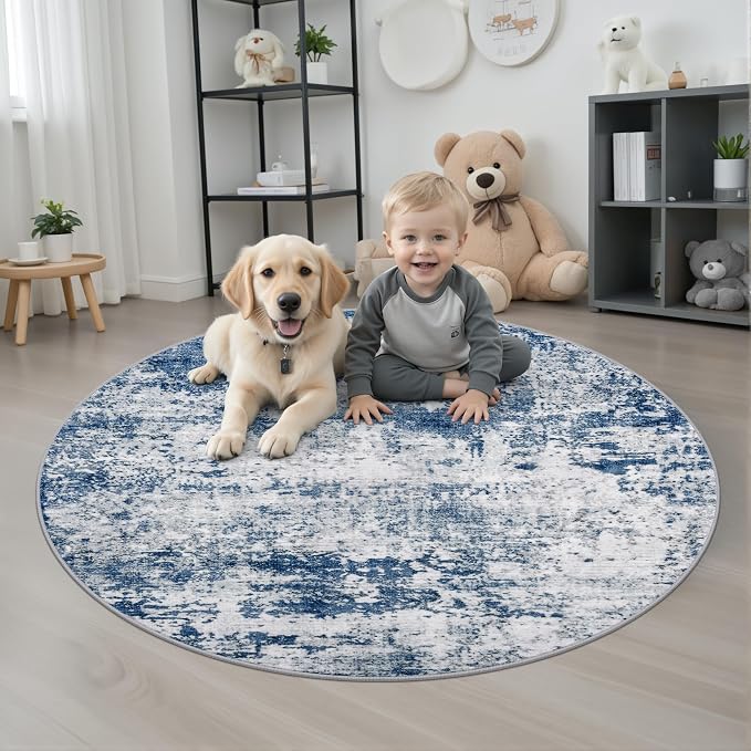 Round Area Rug for Living Room: 5 ft Washable Modern Abstract Soft Thin Rug - Image 2