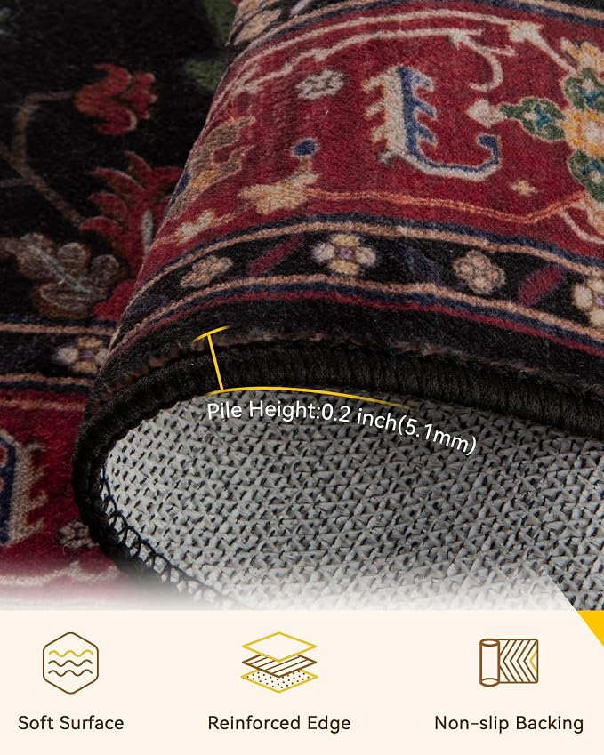 RELEANY Area Rugs Round 5ft Washable Non-Slip, Floral Vintage Distress - Image 3