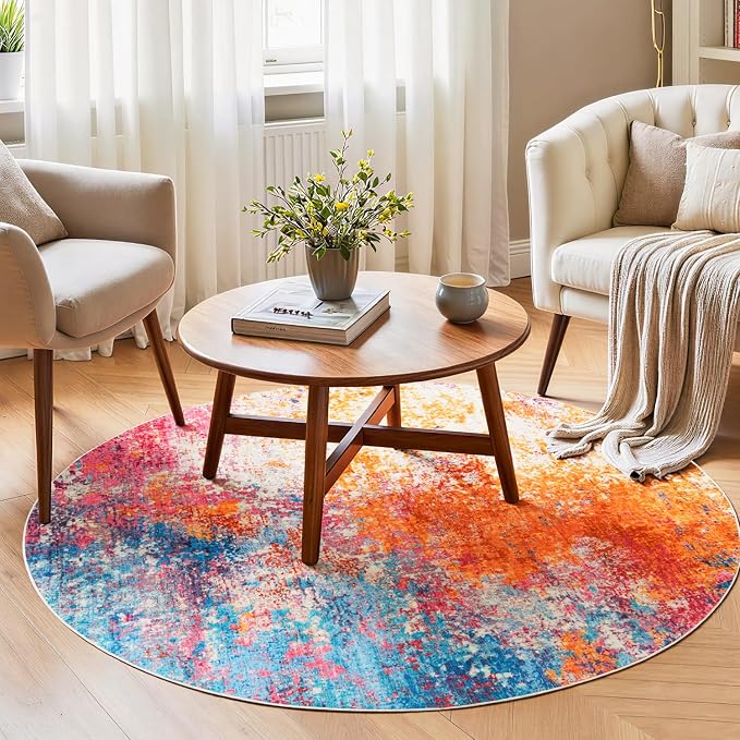 Rugflix Round Area Rugs 4Ft for Living Room, Washable Circle Rug by RugflixAreaRugs