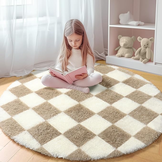 KICMOR Round Rugs for Bedroom, 4ft Fluffy Soft Circle Area Rug Beige and Cream by KICMOR