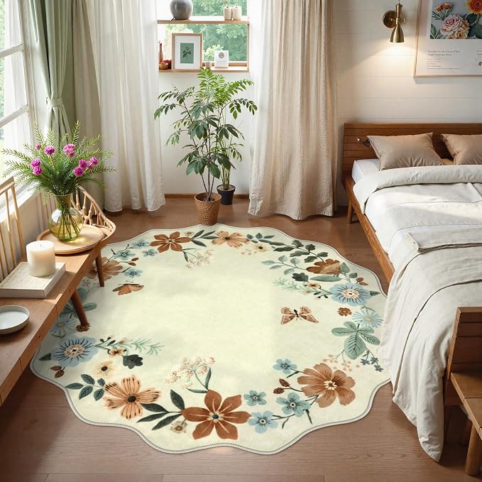 Lahome Floral Washable Round Rugs, Non-Slip Soft Round Rug 4ft Ultra-Thin - Image 3