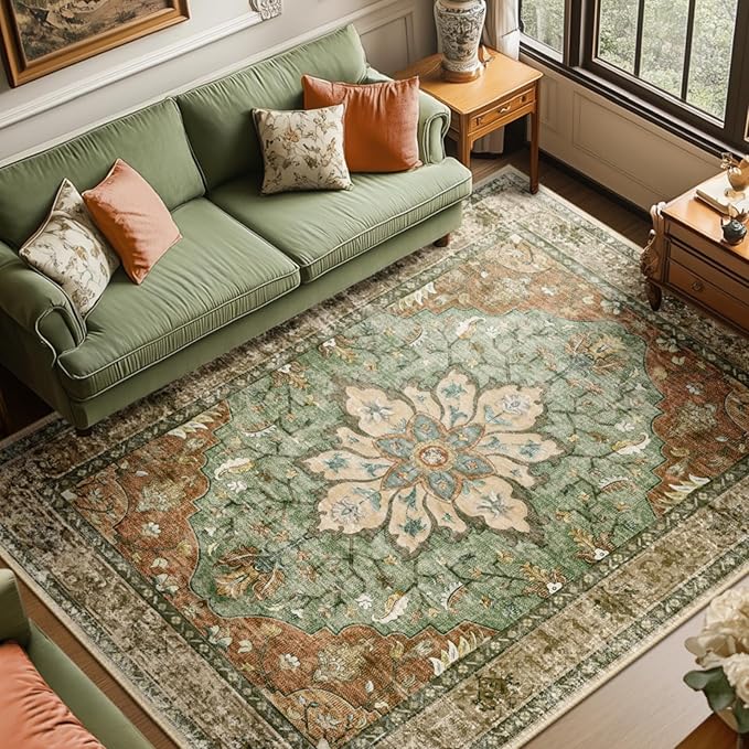 RELEANY Area Rugs 8'x10' Washable Non-Slip, Floral Vintage Distress Medallion by RELEANY