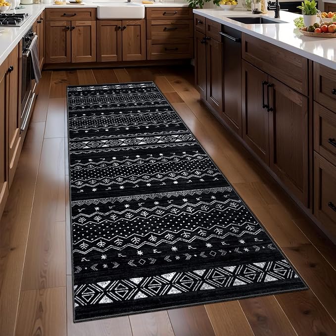 SERISSA 2x5 Kitchen Runner Rug, Washable Non-Slip Black and White Boho Rug by SERISSAHomeDecorCollection