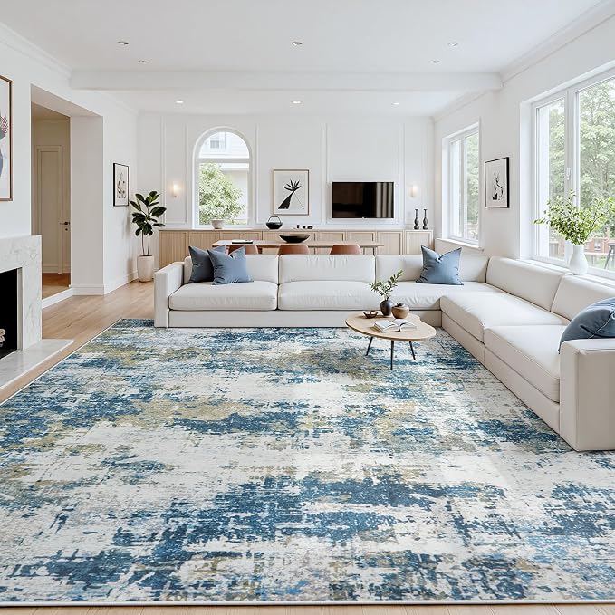 Area Rug 10x12 Living Room Rug Washable: No-Slip Abstract Soft Thin Large Blue by Oriannal
